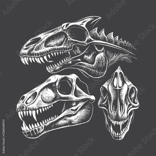 Detailed Dinosaur Skull Illustrations on Dark Background