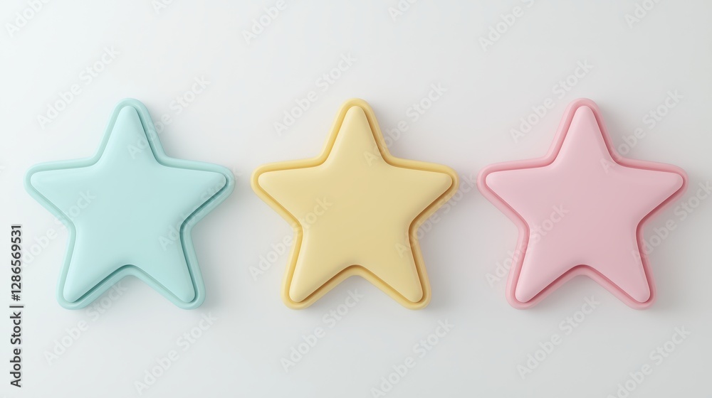 Three colorful star-shaped cookies in pastel shades of blue, yellow, and pink, arranged neatly against a light background. Three colorful star-shaped cookies in pastel shades of blue, yellow, and pink, arranged neatly against a light background.