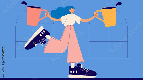 Girl taking coffee break with two large cups of coffee. Modern isolated vector illustration.