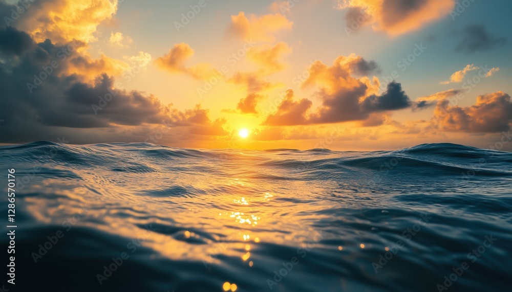 Fototapeta premium Point Of View In The Ocean During Sunset With Gentle, Cumulus Clouds Radiating A Warm Yellow Glow.