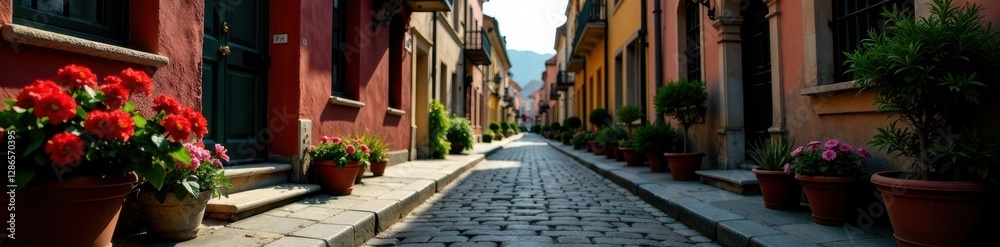Cobblestone street, aged buildings, flower boxes, sunlight, street photography, romantic Cobblestone street, aged buildings, flower boxes, sunlight, street photography, romantic