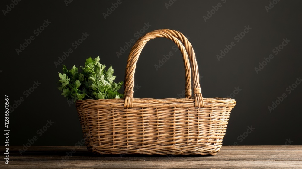 A rustic basket with fresh herbs inside. A rustic basket with fresh herbs inside.