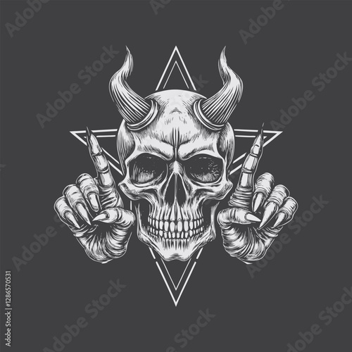 Detailed Skull with Horns and Gothic Hand Gesture