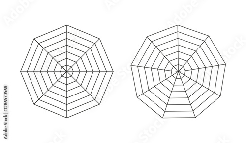 Radar, spider diagram template. Spider mesh. Diagram for statistic, analytic. Polygon graphs. Blank radar charts. Simple coaching tool. Grid with segments. Flat illustration. Octagon, enneagon mockups