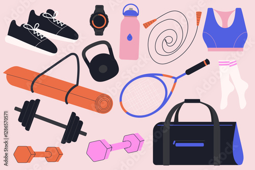 Sport equipments set. Workout accessory, yoga mat, sportswear, tennis racket and bag. Modern isolated vector illustration.	