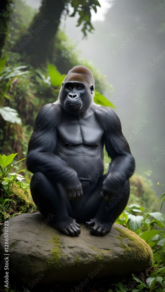 Solitary Cross River Gorilla Standing in Dense, Misty Forest Habitat Solitary Cross River Gorilla Standing in Dense, Misty Forest Habitat