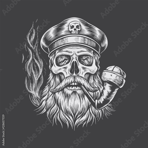 Bearded Sea Captain Skull Illustration Intricate Nautical Engraving Artwork