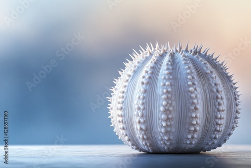 A white sea urchin with spiky shell rests on a pale surface against a blurred background.