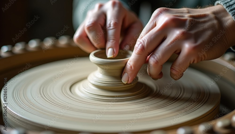 Potter creating ceramic pottery with focus and concentration on a pottery wheel
Potter creating ceramic pottery with focus and concentration on a pottery wheel