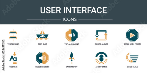 set of 10 outline web user interface icons such as text height, test quiz, top alignment, photo album, image with frame, facetime, nuclear cells vector icons for report, presentation, diagram, web