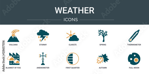 set of 10 outline web weather icons such as volcano, stormy, climate, spring, thermometer, blanket of fog, anemometer vector icons for report, presentation, diagram, web design, mobile app