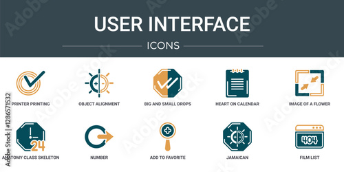 set of 10 outline web user interface icons such as printer printing squares, object alignment, big and small drops, heart on calendar, image of a flower, anatomy class skeleton, number vector icons