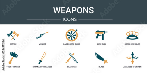 set of 10 outline web weapons icons such as battle, musket, dart board game, hine gun, brass knuckles, thor hammer, katana with handle vector icons for report, presentation, diagram, web design,