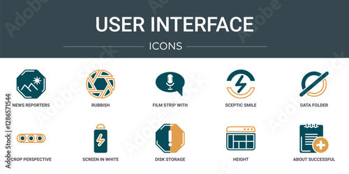 set of 10 outline web user interface icons such as news reporters, rubbish, film strip with a triangle inside, sceptic smile, data folder, crop perspective, screen in white vector icons for report,