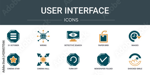set of 10 outline web user interface icons such as 31 october, wiring, detective search, paper bird, images, cinema star, cinema hall vector icons for report, presentation, diagram, web design,