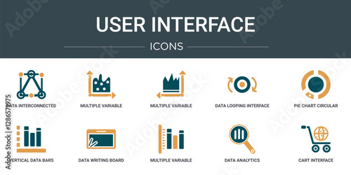 set of 10 outline web user interface icons such as data interconnected, multiple variable continuous chart, multiple variable points line chart, data looping interface, pie chart circular interface,