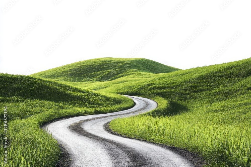 A picturesque countryside road meandering through a lush, grassy landscape, isolated against a pristine white background A picturesque countryside road meandering through a lush, grassy landscape, isolated against a pristine white background