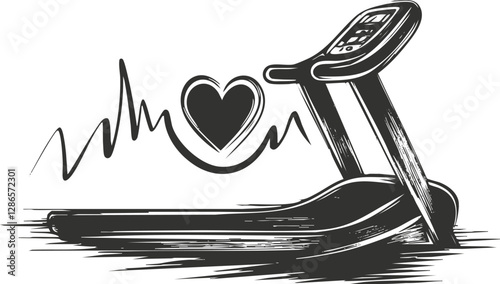 Illustration of a treadmill with a heart and heartbeat line symbol.