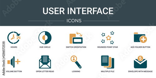 set of 10 outline web user interface icons such as hours, hue circle, switch orientation button, rounded point star, add folder button, volume button, open letter read email vector icons for report,