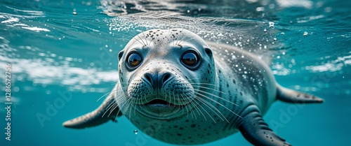 Playful seal swimming underwater with curious expression in clear blue ocean
