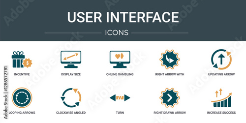 set of 10 outline web user interface icons such as incentive, display size, online gambling, right arrow with turn, updating arrow, looping arrows, clockwise angled arrows vector icons for report,