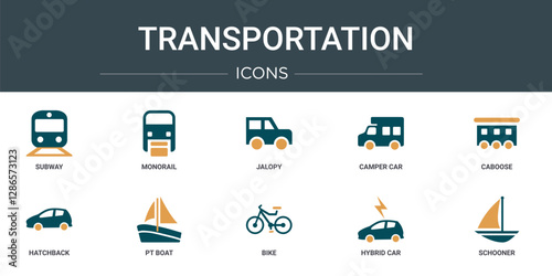 set of 10 outline web transportation icons such as subway, monorail, jalopy, camper car, caboose, hatchback, pt boat vector icons for report, presentation, diagram, web design, mobile app