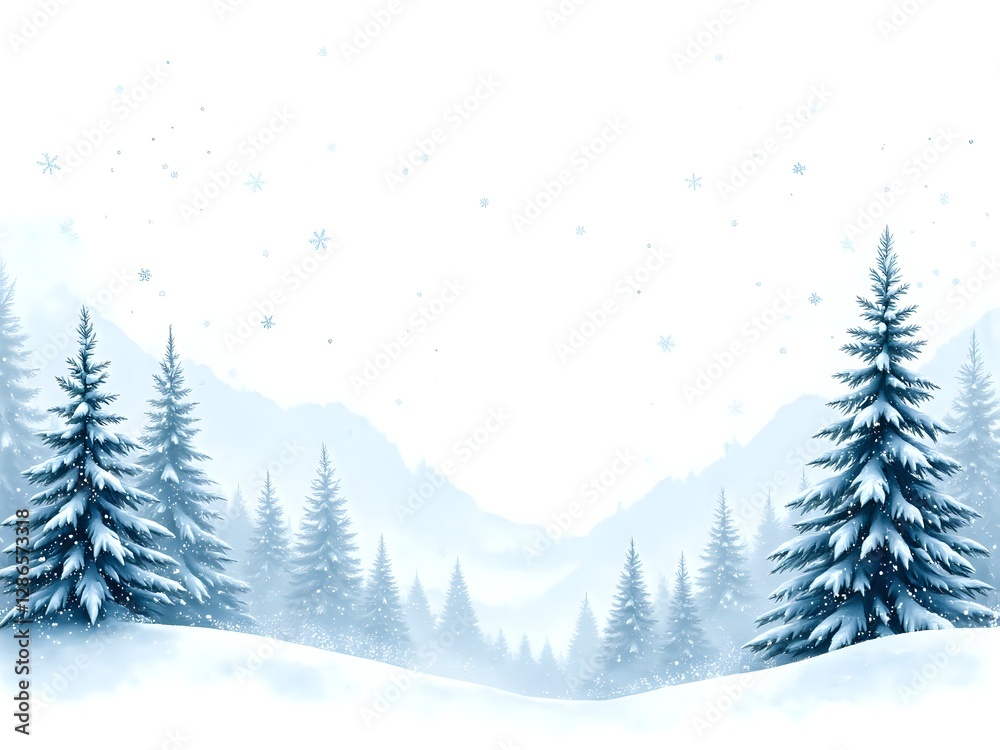 Fototapeta premium A peaceful winter landscape with snow covered pines