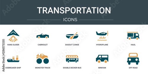 set of 10 outline web transportation icons such as hang glider, cabriolet, dugout canoe, hydroplane, haul, icebreaker ship, monster truck vector icons for report, presentation, diagram, web design,
