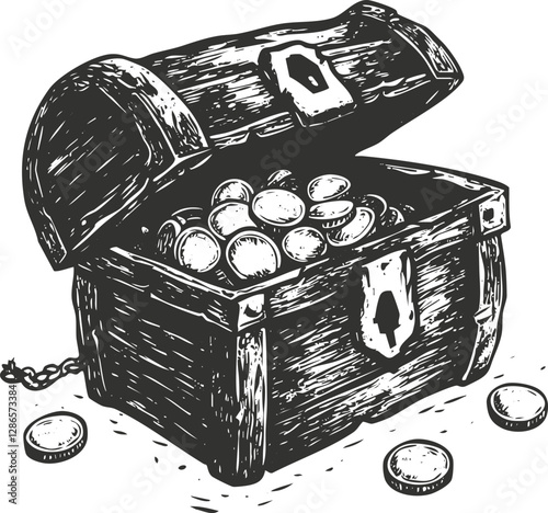 Vintage illustration of an open wooden treasure chest filled with coins.