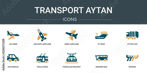 set of 10 outline web transport aytan icons such as jetliner, military airplane, army airplane, pt boat, litter car, hatchback, trolleybus vector icons for report, presentation, diagram, web design, photo