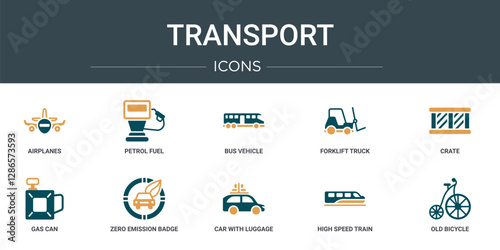 set of 10 outline web transport icons such as airplanes, petrol fuel, bus vehicle, forklift truck, crate, gas can, zero emission badge vector icons for report, presentation, diagram, web design,