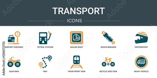 set of 10 outline web transport icons such as airport checking, petrol station, sailing boat, shock breaker, motorsport, quad bike, way vector icons for report, presentation, diagram, web design,