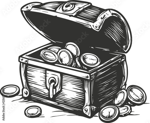 Vintage sketch of an open treasure chest filled with coins.