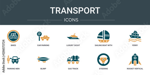 set of 10 outline web transport icons such as bikes, car parking, luxury yacht, sailing boat with veils, ferry, parking men, blimp vector icons for report, presentation, diagram, web design, mobile
