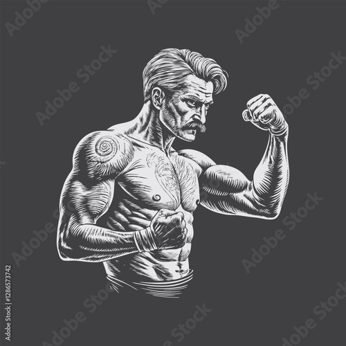 Detailed Muscular Man Flexing Tattoo Illustration