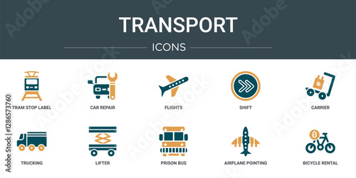 set of 10 outline web transport icons such as tram stop label, car repair, flights, shift, carrier, trucking, lifter vector icons for report, presentation, diagram, web design, mobile app