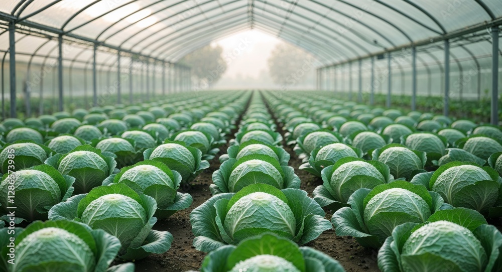 Fototapeta premium Agricultural greenhouse with rows of green cabbages.