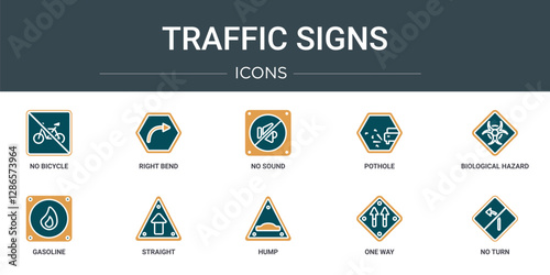 set of 10 outline web traffic signs icons such as no bicycle, right bend, no sound, pothole, biological hazard, gasoline, straight vector icons for report, presentation, diagram, web design, mobile