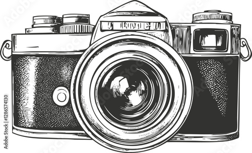 Detailed sketch of a vintage camera with lens in black and white.