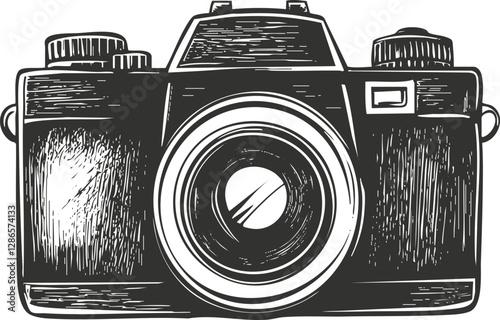 Vintage camera illustration with detailed sketch in black and white.