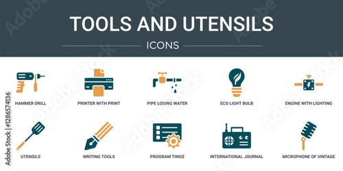 set of 10 outline web tools and utensils icons such as hammer drill, printer with print and paper sheets, pipe losing water, eco light bulb, engine with lighting bolt, utensils, writing tools vector