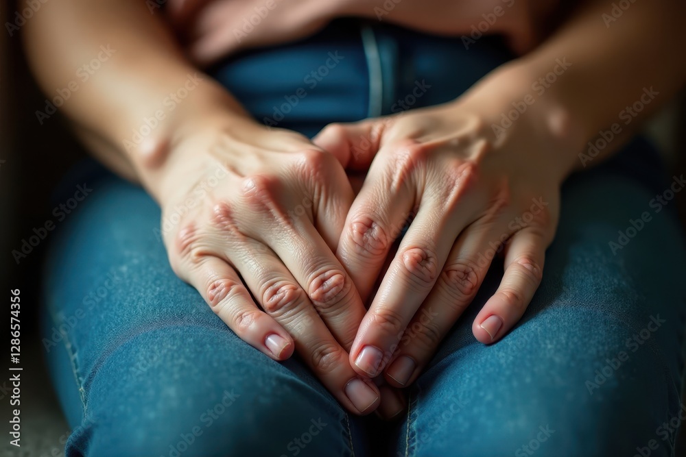 Wrinkled hands rest gently on a lap, delicate veins visible , repose, elderly, experience Wrinkled hands rest gently on a lap, delicate veins visible , repose, elderly, experience