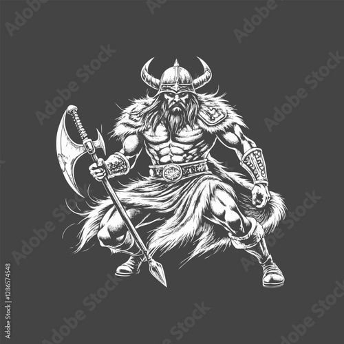 Fierce Viking Warrior Illustration Muscular Nordic Fighter in Grayscale