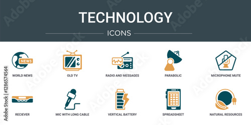 set of 10 outline web technology icons such as world news, old tv, radio and messages, parabolic, microphone mute, reciever, mic with long cable vector icons for report, presentation, diagram, web