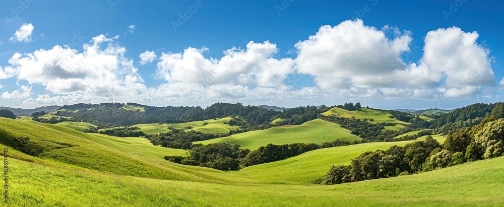 Fototapeta premium Serene Rolling Hills of California: A Pastoral Landscape Under a Summer Sky