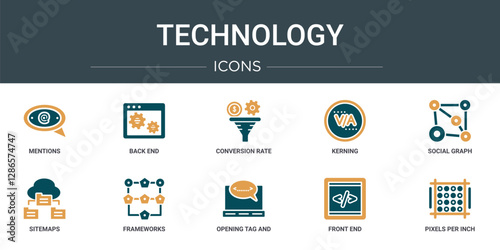 set of 10 outline web technology icons such as mentions, back end, conversion rate optimization, kerning, social graph, sitemaps, frameworks vector icons for report, presentation, diagram, web