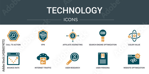 set of 10 outline web technology icons such as call to action, vpn, affiliate marketing, search engine optimization, color value, bounce rate, internet traffic vector icons for report, presentation,