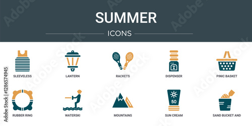 set of 10 outline web summer icons such as sleeveless, lantern, rackets, dispenser, pinic basket, rubber ring, waterski vector icons for report, presentation, diagram, web design, mobile app