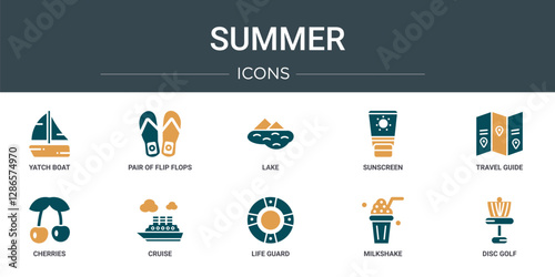 set of 10 outline web summer icons such as yatch boat, pair of flip flops, lake, sunscreen, travel guide, cherries, cruise vector icons for report, presentation, diagram, web design, mobile app