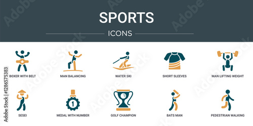 set of 10 outline web sports icons such as boxer with belt, man balancing, water ski, short sleeves, man lifting weight, sesei, medal with number 1 vector icons for report, presentation, diagram,